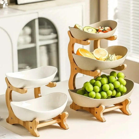 Fruit Bowls, Stackable with Wood Stand