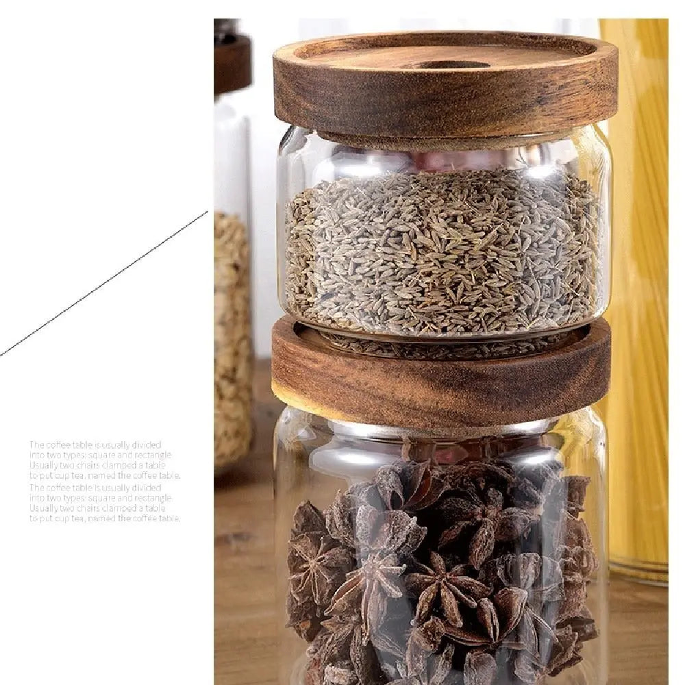 Multi-Use Wooden Lid Glass Food Storage Jar Clear Thicken Airtight Canisters Coffee Beans Round Food Storage Containers Sugar
