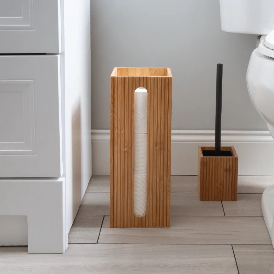 Bamboo Toilet Brush & Paper Holder Set  –  2 Piece for Bathroom
