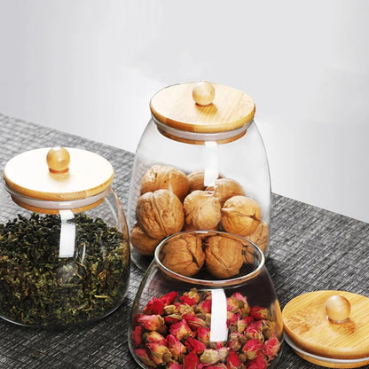 Wooden Lid Glass Sealed Jar Food Container Tea candy Kitchen Storage Bottle Jar Large Capacity Sealed For Kitchen Mason Jars