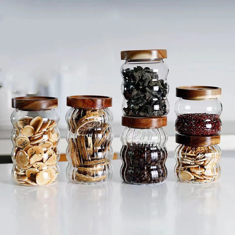 JUSTINLAU Wood Lid Striped Glass Storage Bottles Sealed Jar Tea Coffee Beans Grains Candy Jars Organizer Kitchen Glass Container
