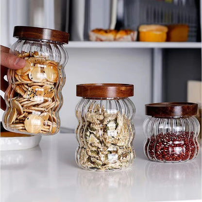 JUSTINLAU Wood Lid Striped Glass Storage Bottles Sealed Jar Tea Coffee Beans Grains Candy Jars Organizer Kitchen Glass Container