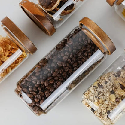 Glass Storage Jars with Wood Lid [Set of 3], 34OZ Airtight Food Containers Stackable for Coffee Beans/Nuts/Pasta/candy/sugar