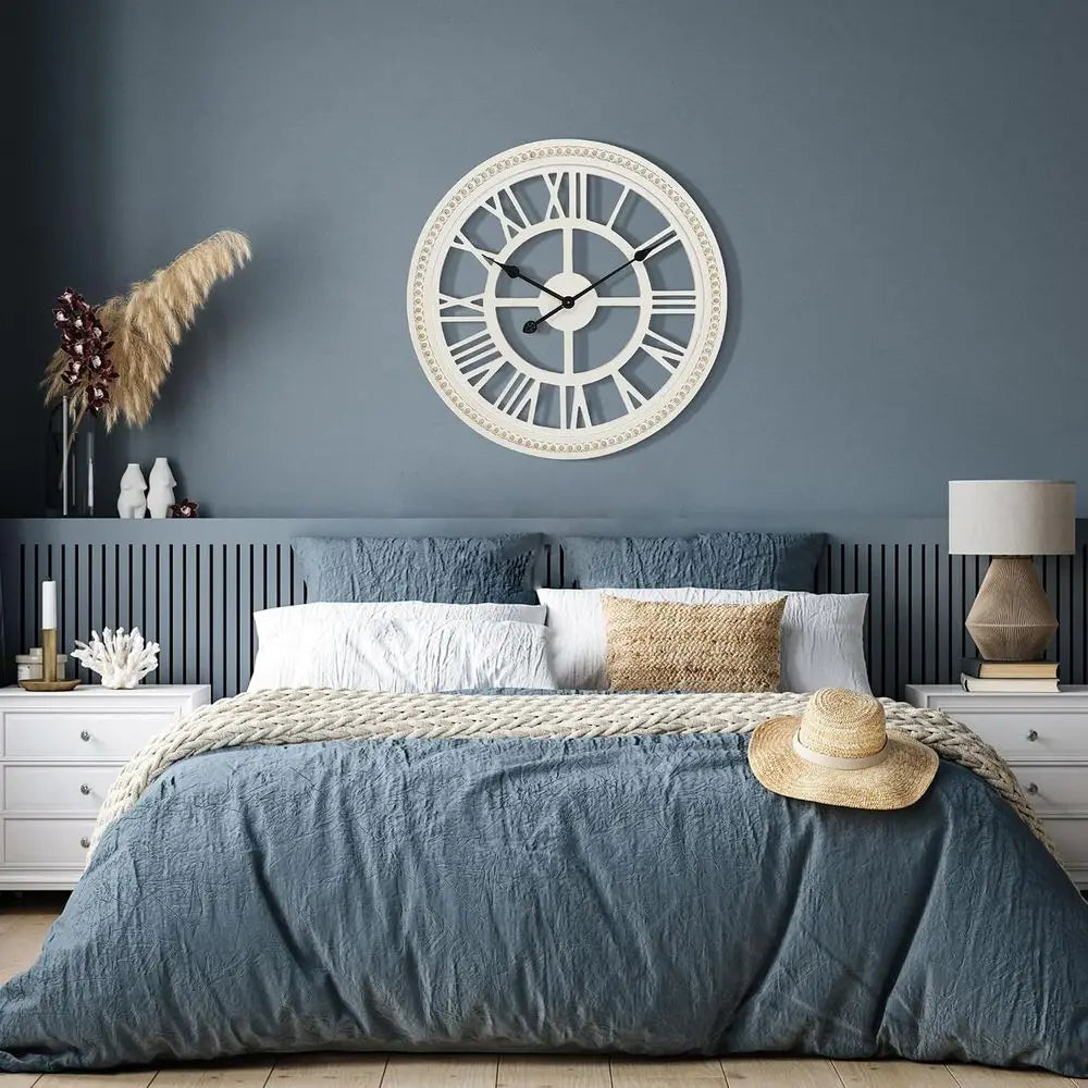 24-Inch Farmhouse Wall Clock, Rustic Wooden Decor, Non-Ticking, Silent