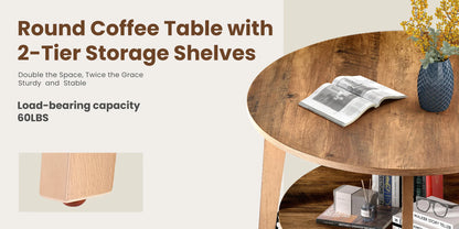 32-Inch Round Coffee Table – 2-Tier Wood Center Table with Storage