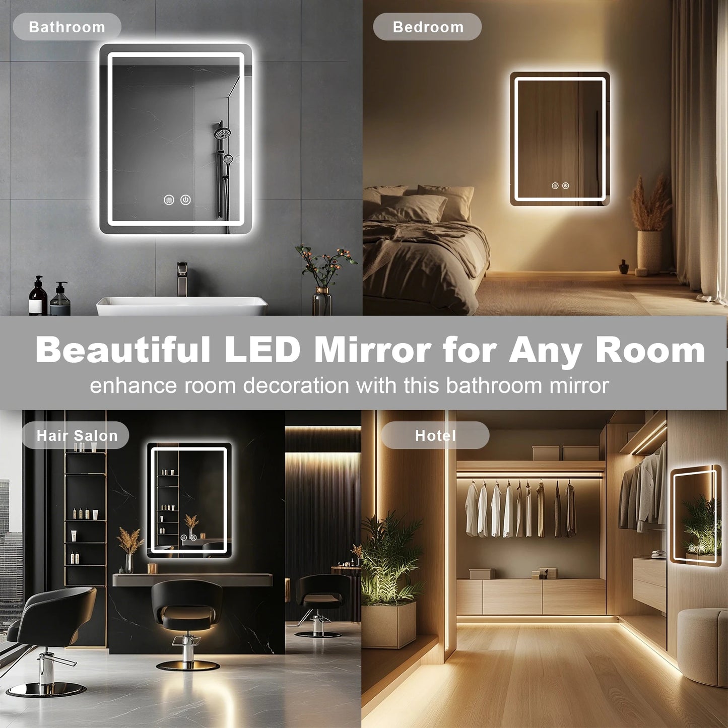 LED Bathroom Mirror, Wall-Mounted Anti-Fog Dimmable