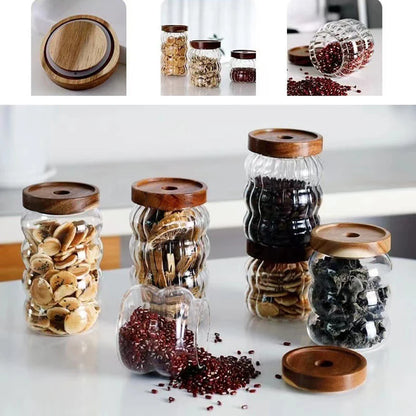 JUSTINLAU Wood Lid Striped Glass Storage Bottles Sealed Jar Tea Coffee Beans Grains Candy Jars Organizer Kitchen Glass Container
