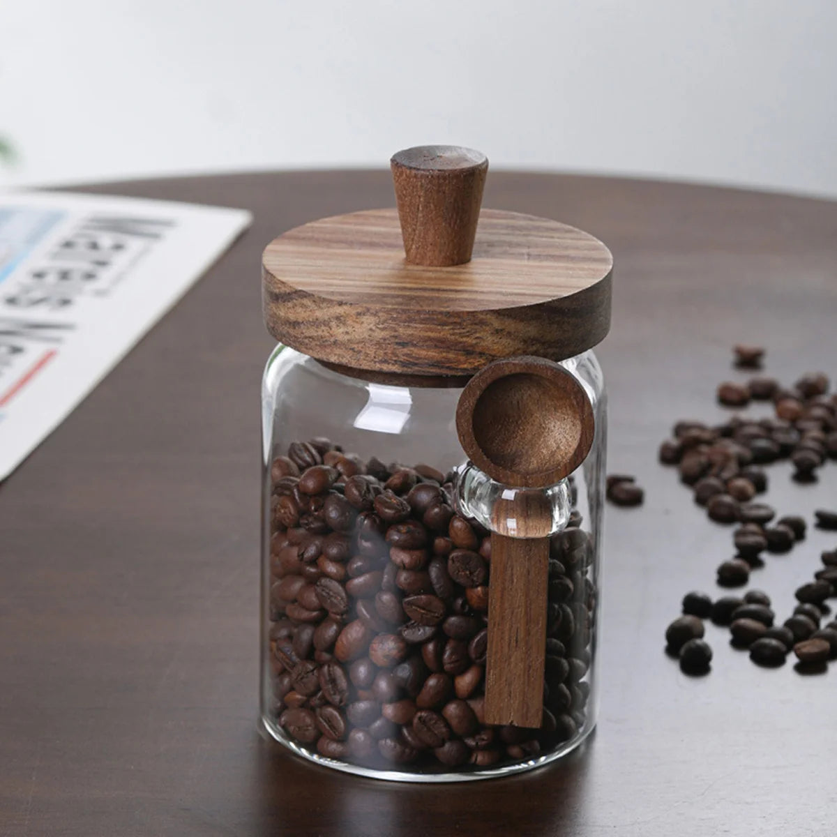 Set of 3 Glass Jars Containers with Wooden Lids Scoop Clear Canister Jars Set for Kitchen Food Coffee Bean Storage Bottle