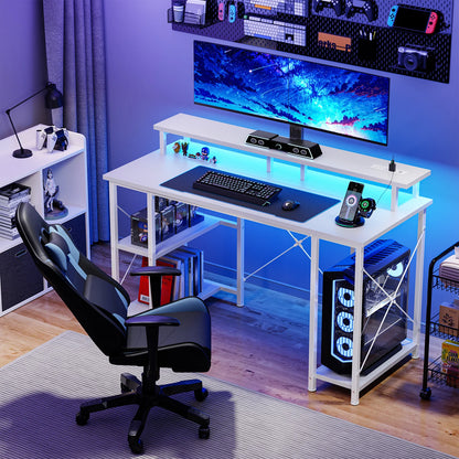 47" Computer Desk with 4 Drawers, Monitor Stand, Power Outlets & LED Lighting