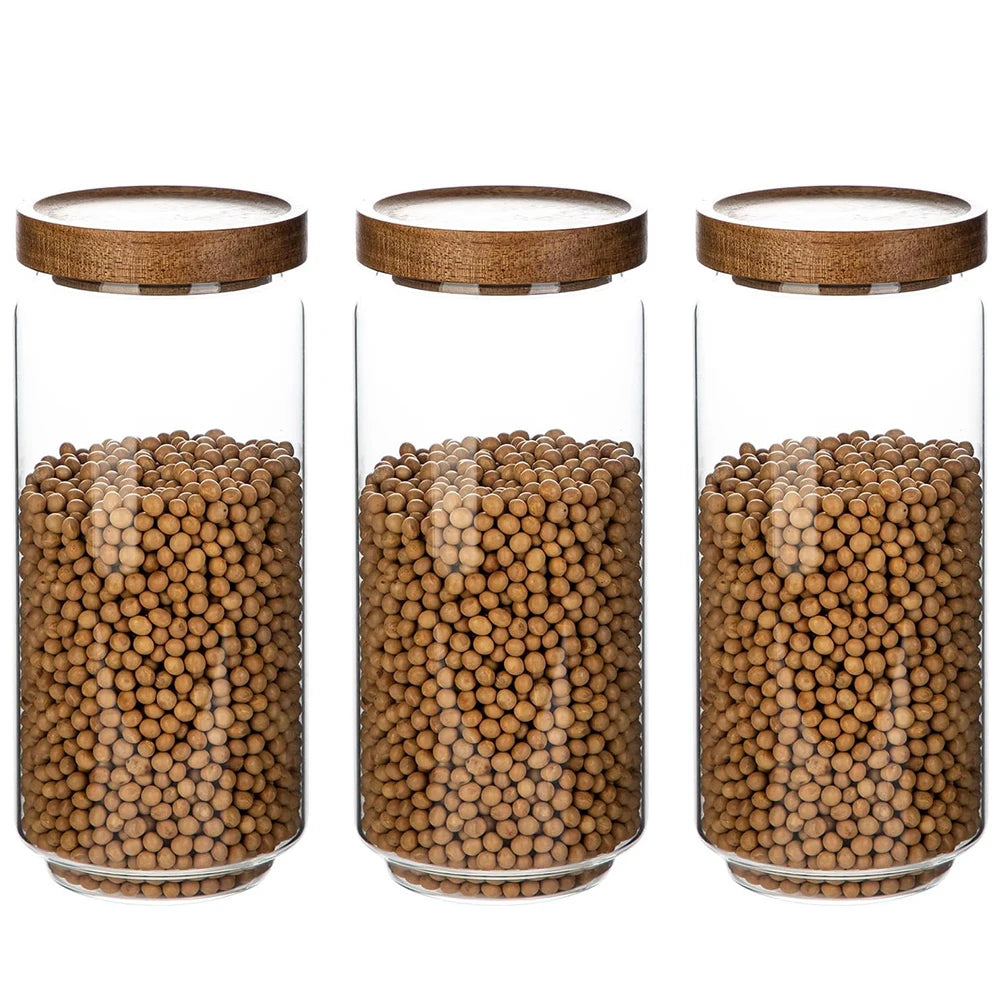 Glass Storage Jars with Wood Lid [Set of 3], 34OZ Airtight Food Containers Stackable for Coffee Beans/Nuts/Pasta/candy/sugar