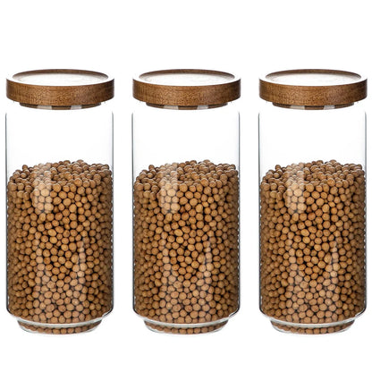 Glass Storage Jars with Wood Lid [Set of 3], 34OZ Airtight Food Containers Stackable for Coffee Beans/Nuts/Pasta/candy/sugar