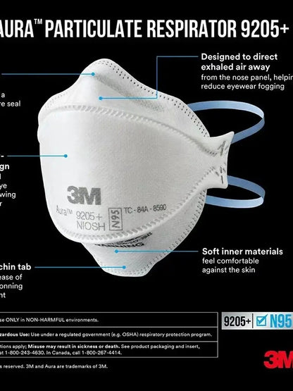 3M 9205+ Aura N95 Particulate Respirator – NIOSH Approved Safety Mask