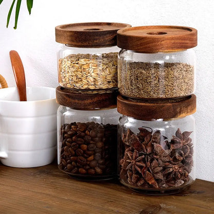 Multi-Use Wooden Lid Glass Food Storage Jar Clear Thicken Airtight Canisters Coffee Beans Round Food Storage Containers Sugar