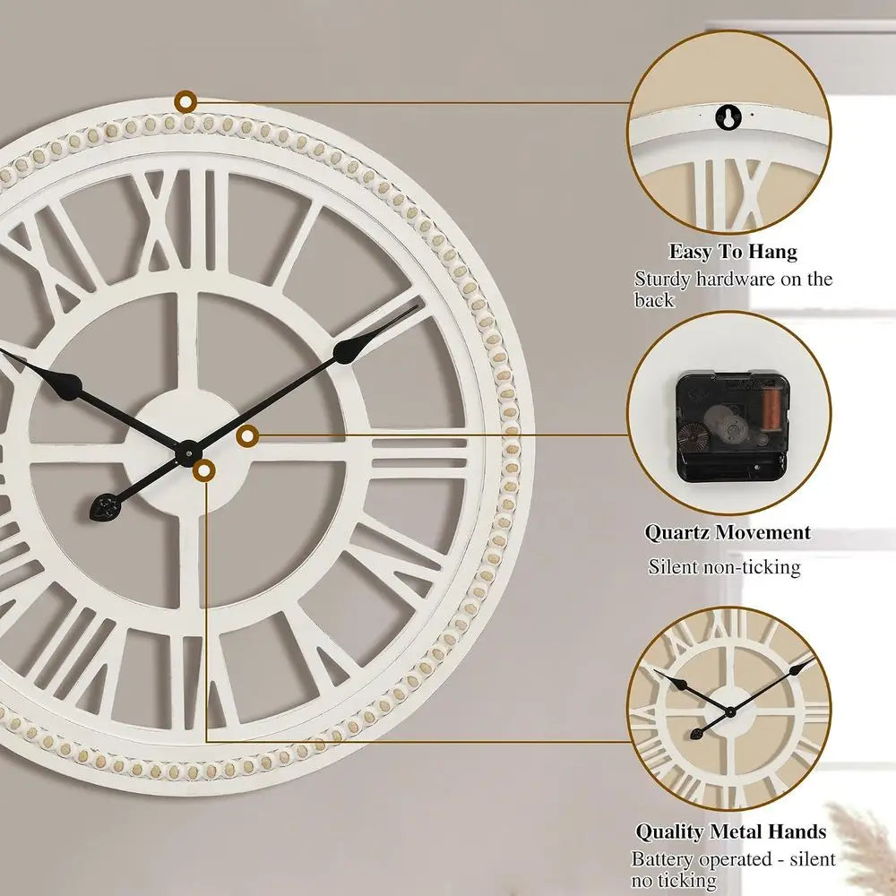 24-Inch Farmhouse Wall Clock, Rustic Wooden Decor, Non-Ticking, Silent