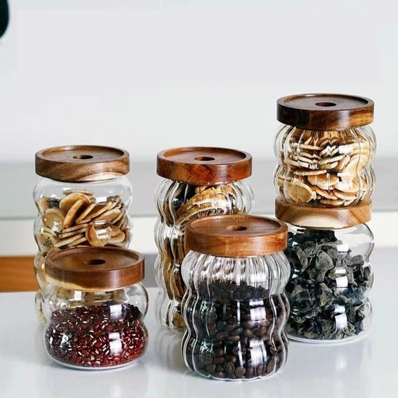 JUSTINLAU Wood Lid Striped Glass Storage Bottles Sealed Jar Tea Coffee Beans Grains Candy Jars Organizer Kitchen Glass Container