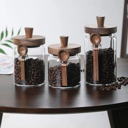 Set of 3 Glass Jars Containers with Wooden Lids Scoop Clear Canister Jars Set for Kitchen Food Coffee Bean Storage Bottle