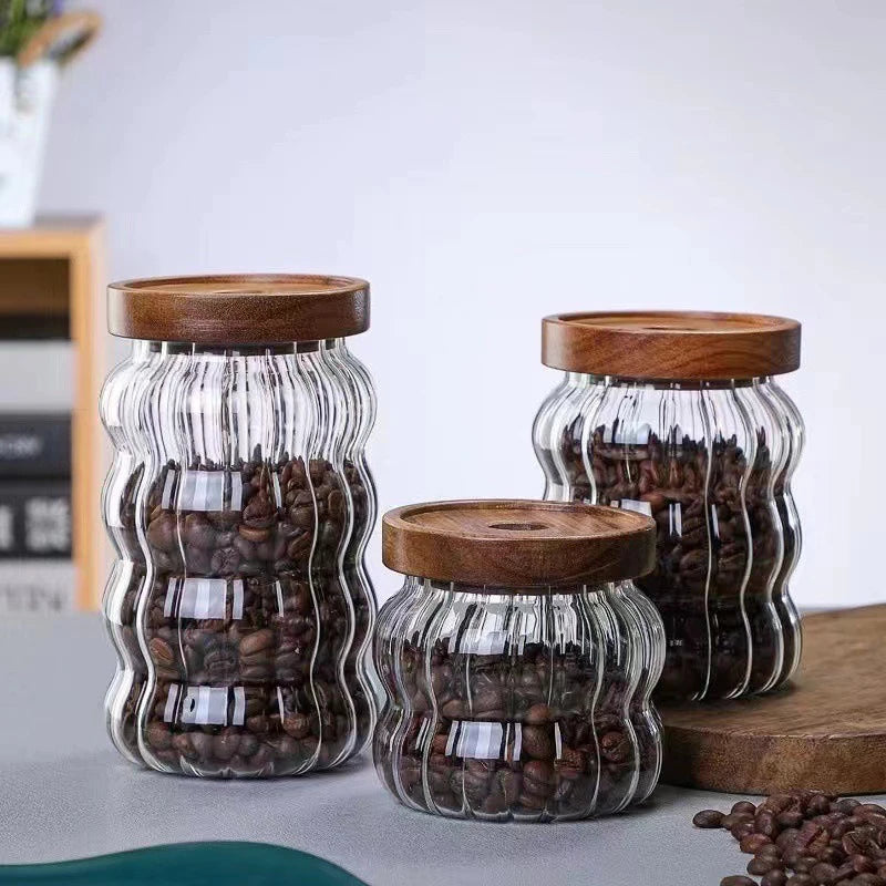 JUSTINLAU Wood Lid Striped Glass Storage Bottles Sealed Jar Tea Coffee Beans Grains Candy Jars Organizer Kitchen Glass Container