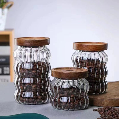 JUSTINLAU Wood Lid Striped Glass Storage Bottles Sealed Jar Tea Coffee Beans Grains Candy Jars Organizer Kitchen Glass Container