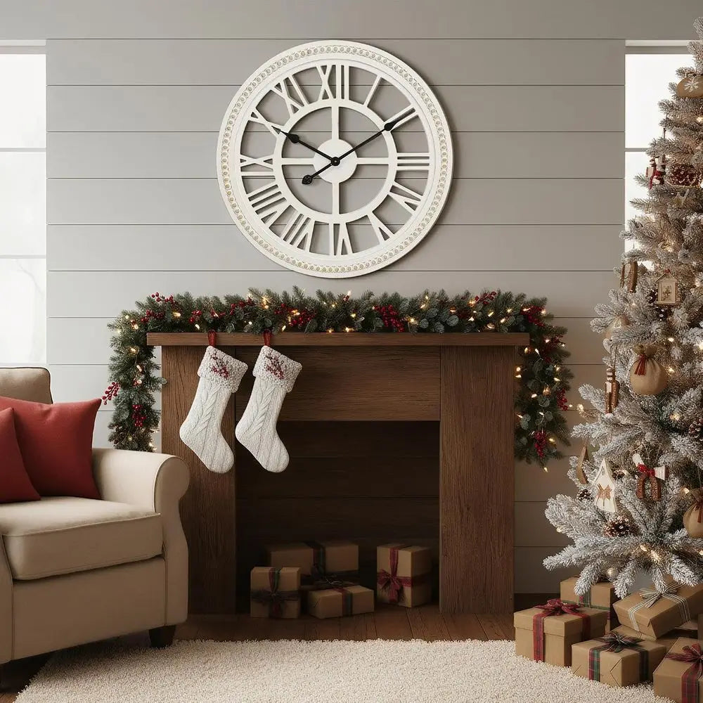 24-Inch Farmhouse Wall Clock, Rustic Wooden Decor, Non-Ticking, Silent
