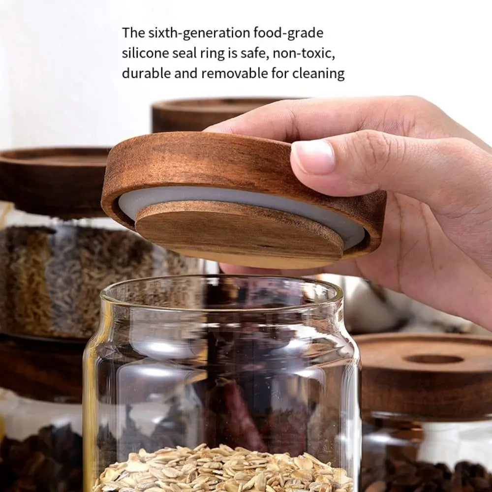 Multi-Use Wooden Lid Glass Food Storage Jar Clear Thicken Airtight Canisters Coffee Beans Round Food Storage Containers Sugar