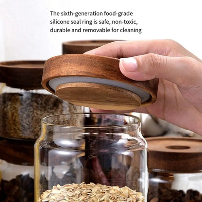 Multi-Use Wooden Lid Glass Food Storage Jar Clear Thicken Airtight Canisters Coffee Beans Round Food Storage Containers Sugar