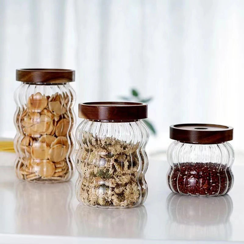 JUSTINLAU Wood Lid Striped Glass Storage Bottles Sealed Jar Tea Coffee Beans Grains Candy Jars Organizer Kitchen Glass Container