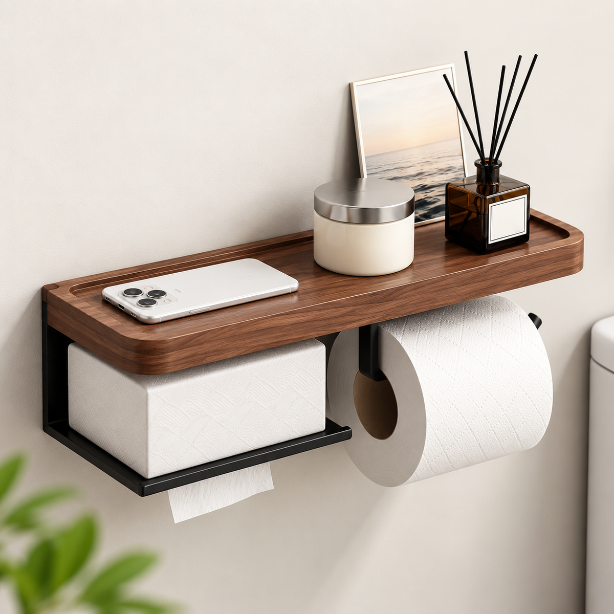 Solid Wood Wall Mounted Toilet Paper Holder with Shelf & Tissue Storage – Bathroom Organizer